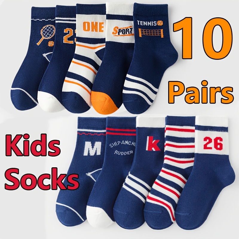 Image of 10 Pairs Of Boy's Trendy Cartoon Striped Letter Pattern Crew Socks, Breathable Comfy Unisex Socks For Kids Outdoor Wearing,fall And Winter Clothes