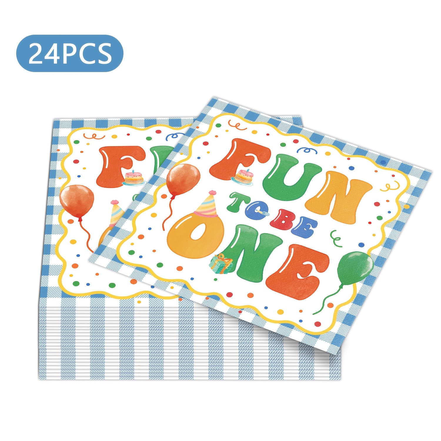 TEMU 24pcs Fun 1st Birthday Paper Napkins, Blue Gingham Balloon Print Disposable Napkins For First Birthday Party Decor