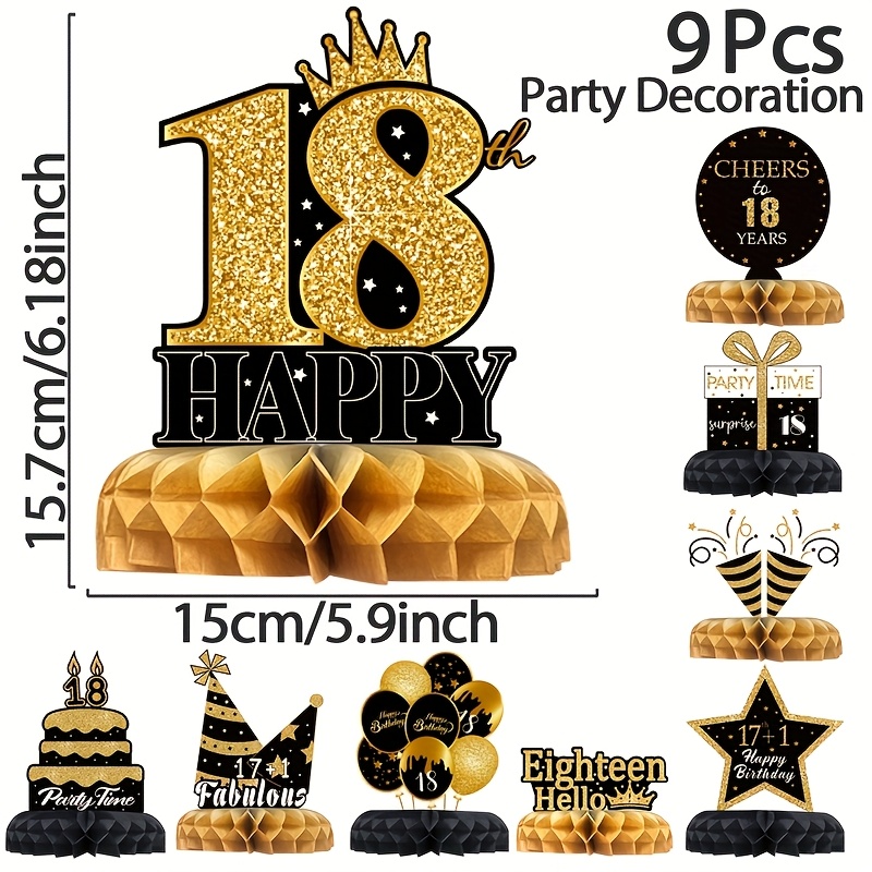 Image of Set Of 9pcs, Including Centerpieces, Paper Honeycombs For An 18th Birthday Celebration, Black And Golden Birthday Hat Balloons, And Decorations For Adult Birthday Parties