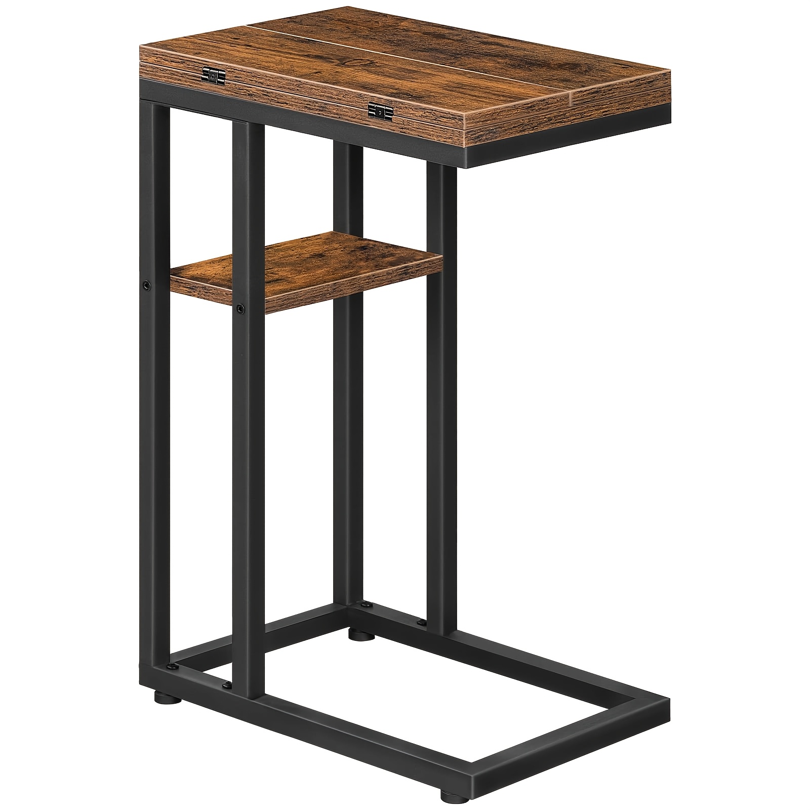 c shape side table folding sofa table coffee table snack table with storage shelf narrow bedside table for living room bedroom metal frame dark brown