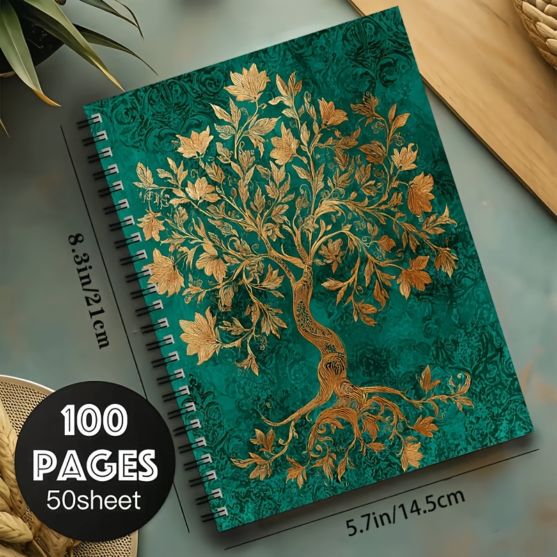 TEMU Carnet à spirale A5 1 pièce, Arbre de vert vintage, Taille 21×14,5 cm, Reliure spirale 24 trous, 50 feuilles 100 pages, pour prises de notes en