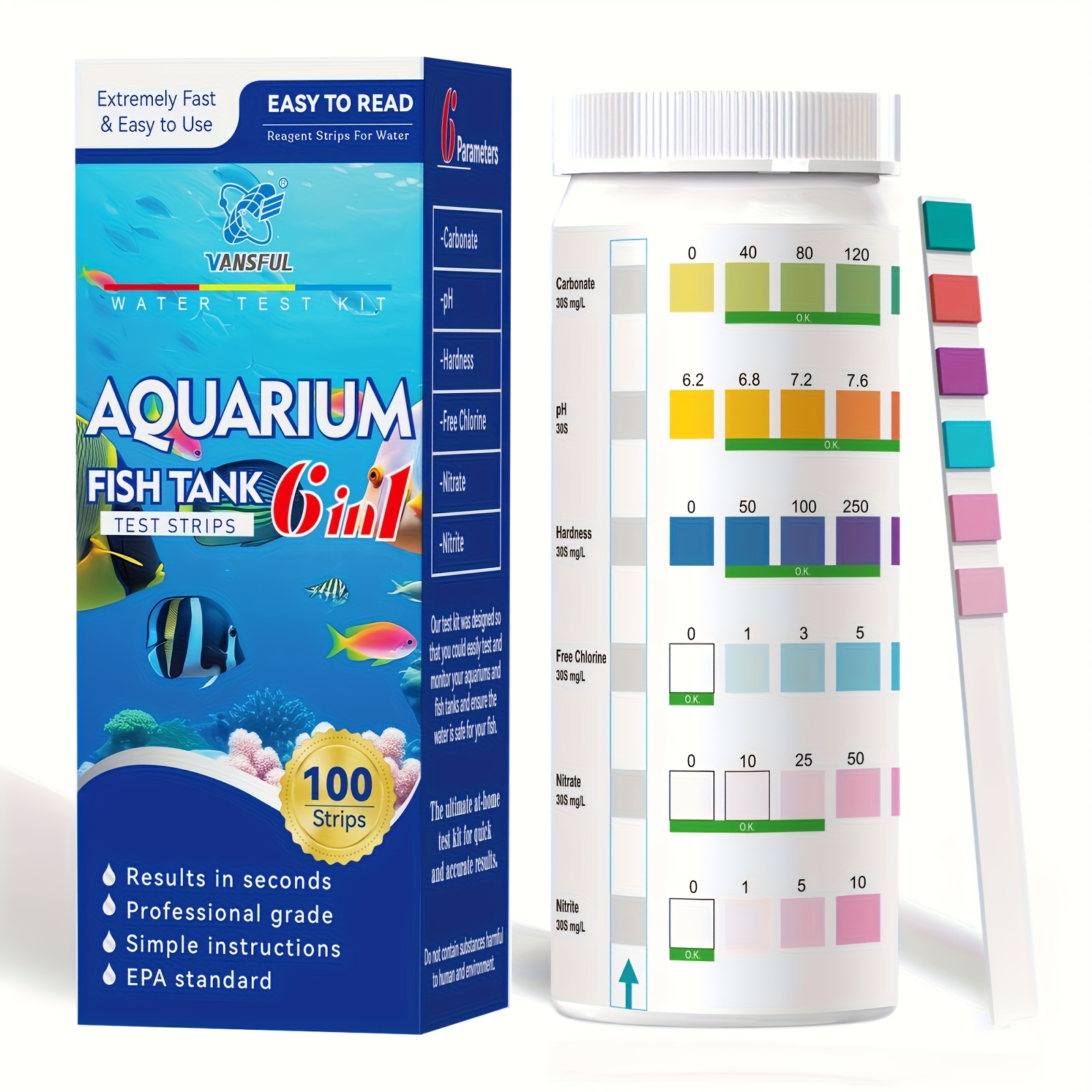 Aquarium Fish Tank 6-Item Water Quality Test Strips All-Round Detection Carbonate Nitrate Nitrite Hardness Residual Chlorine Ph Test Strips (100 Strips/Roll) - Image 2