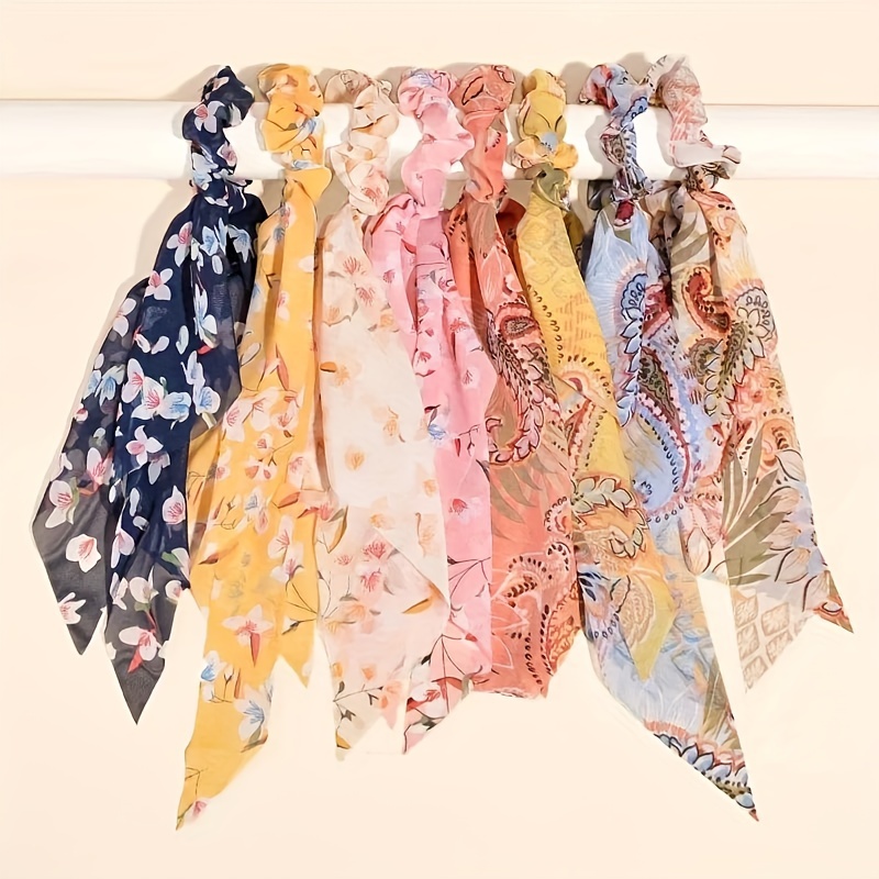 

New Chiffon Floral Scarf With Flowing Ribbon Hair Tie