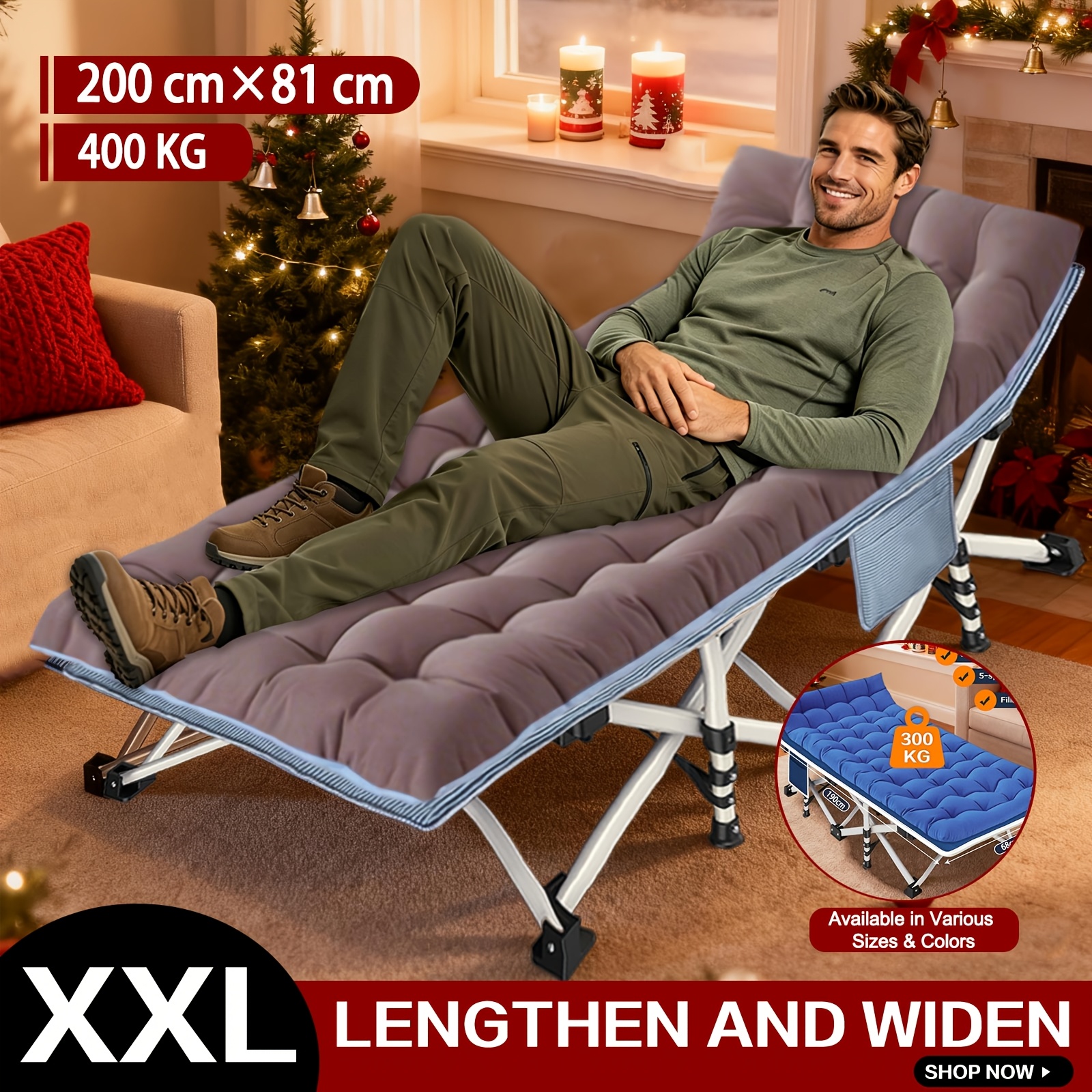 TEMU Cama de camping plegable grande XXXL con colchón - Estructura de cama portátil resistente para exteriores, 190 cm x 68 cm x 35 cm - 200 cm x 81