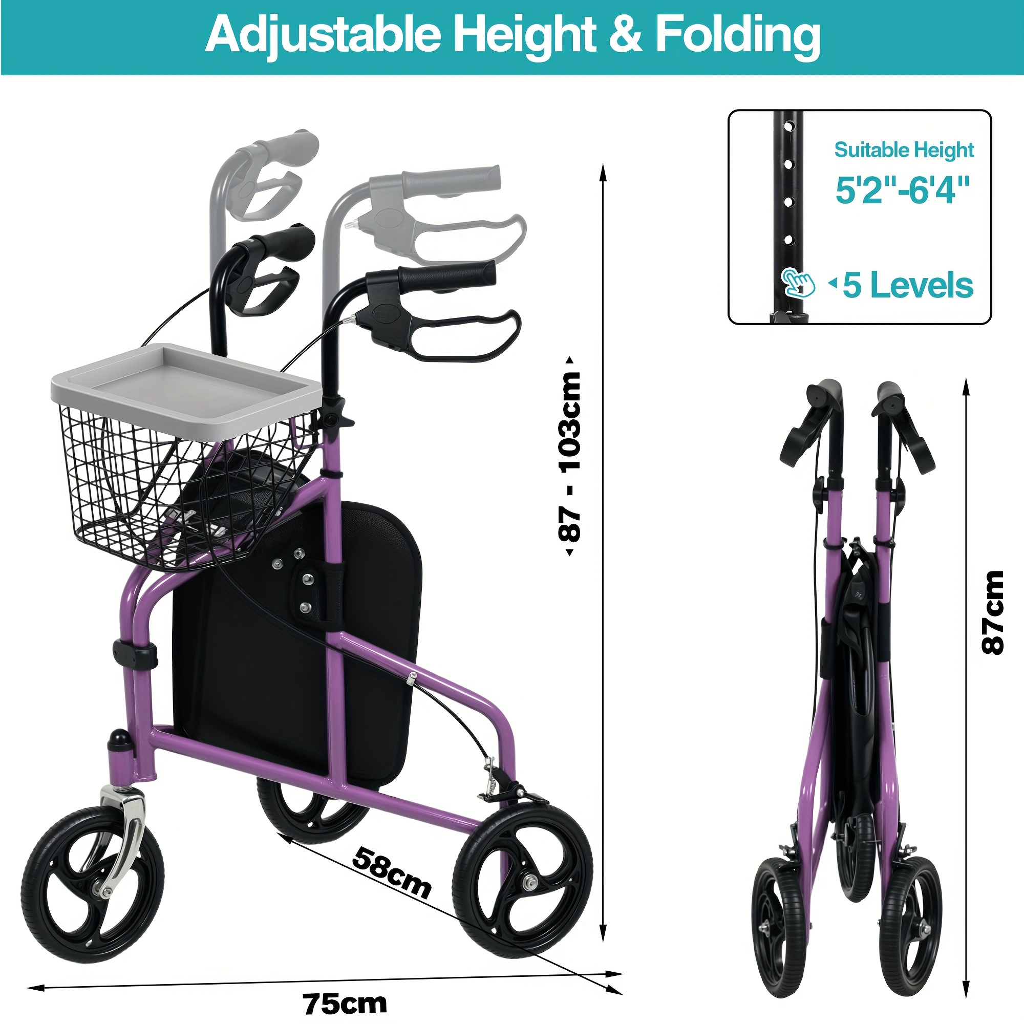 Advwin Rollator Walker 3 Wheel, Mobility Aid with Basket and Tray, Lightweight Foldable Walker with Safe Dual Brake System, Premium Rolling Walker for Seniors Elderly, Purple