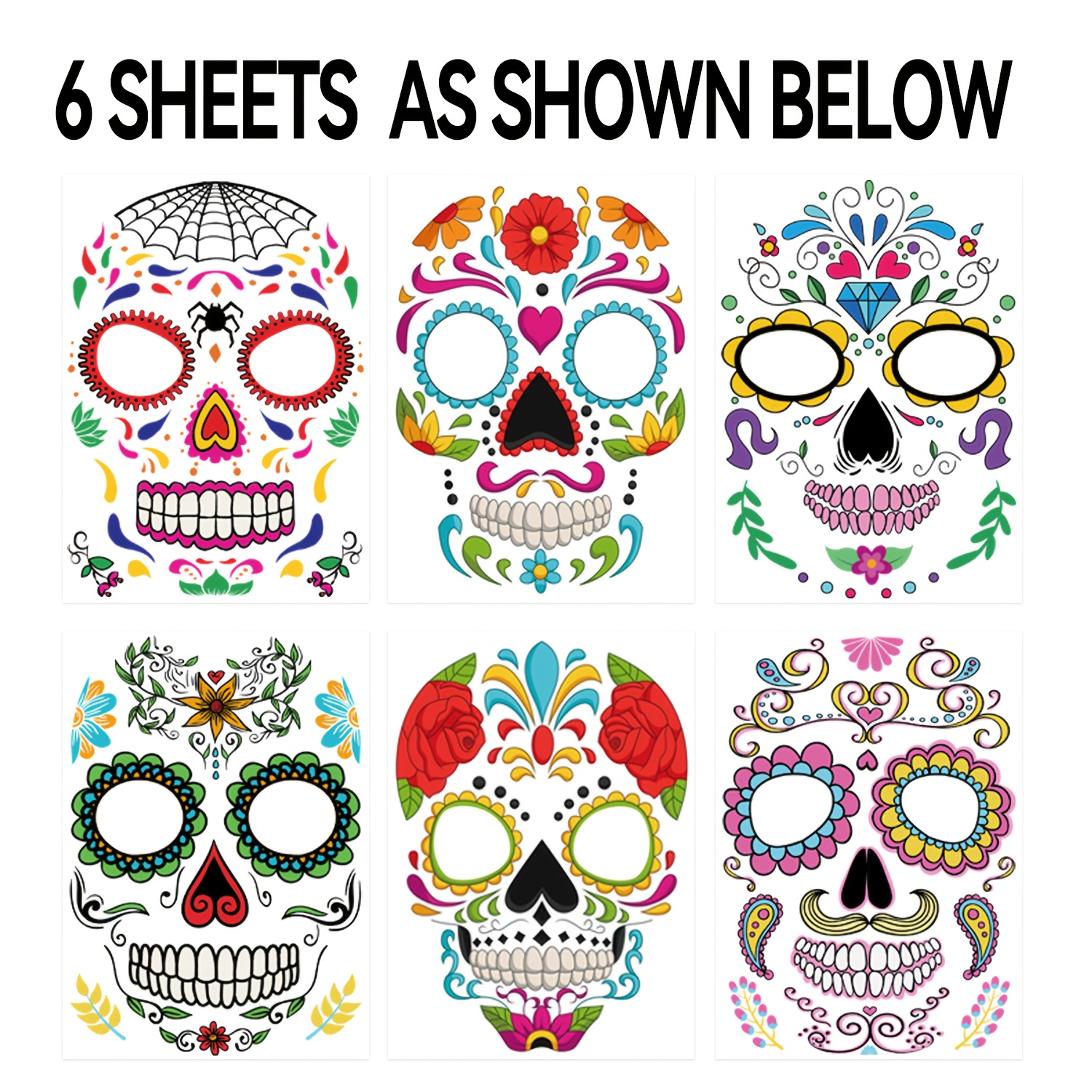 Image of Set Of 6 Temporary Tattoos Featuring Designs, Including Sugar And Makeup, Perfect For Halloween Costumes And Decorations