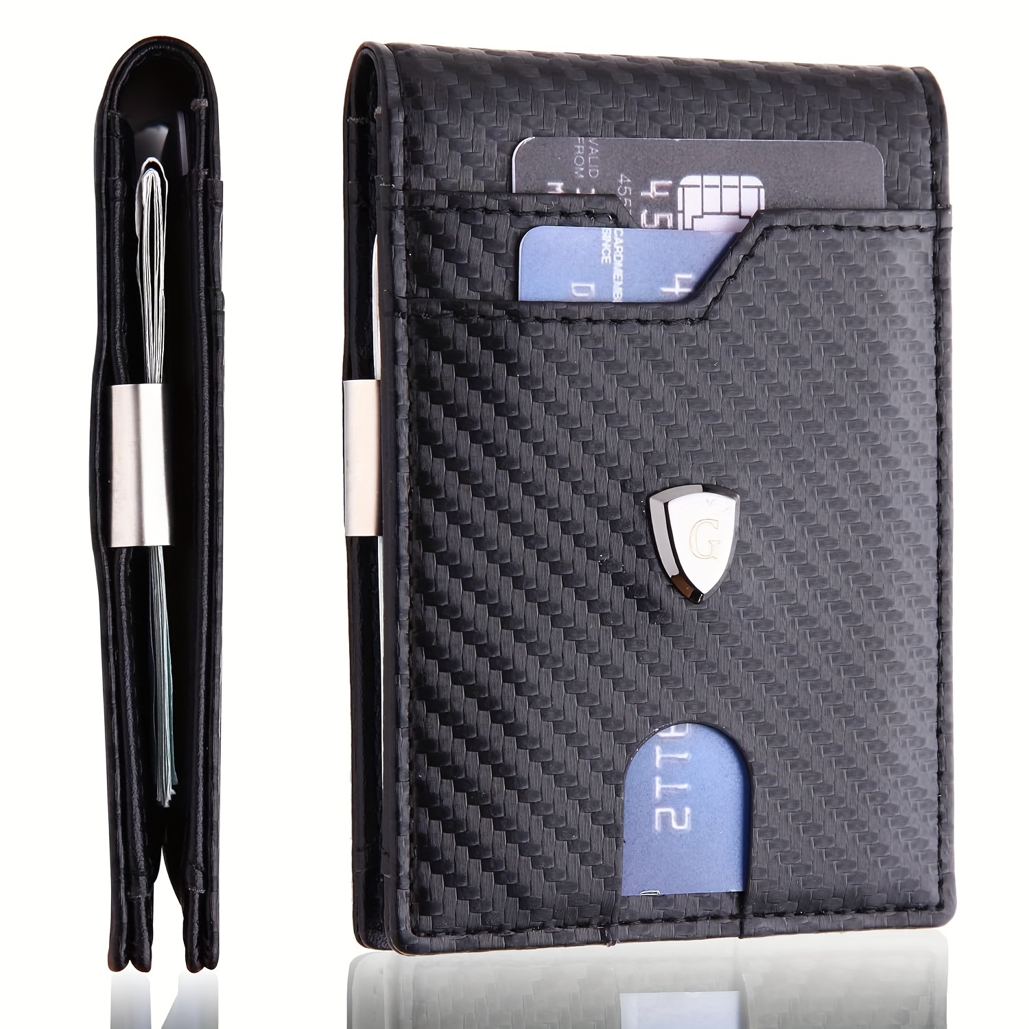 

Slim Wallet For Men Minimalist Leather Rfid Blocking Carbon Fiber Cowhide Bifold Credit Card Holder With Money Clip