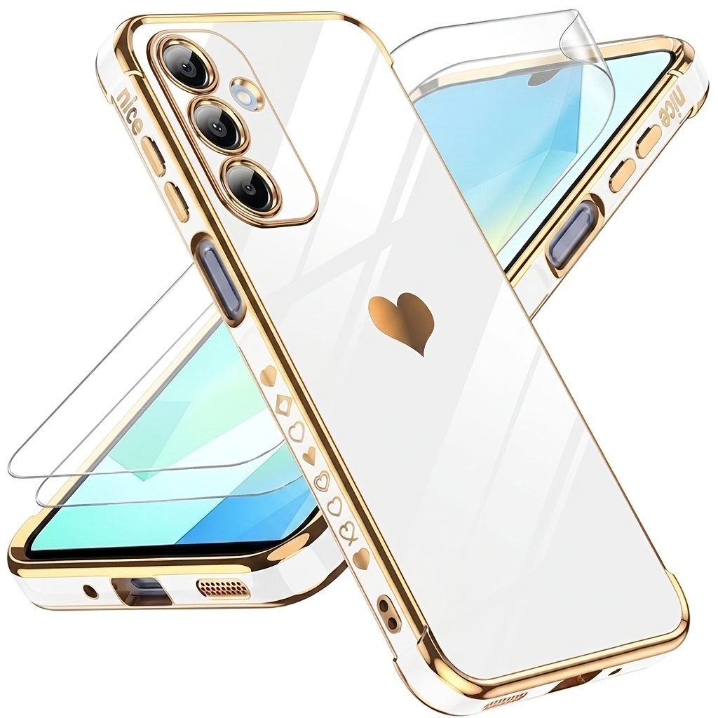 TEMU Phone Case: 3 Pcs[1x Phone Case And 2x Screen Protectors] Phone Case Suitable For Suitable For Galaxy S26 S25, Electroplating Side Love-heart