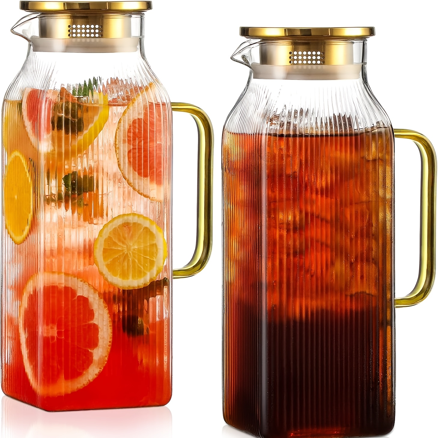 TEMU 2 Pack 68oz/2 Liter Square Glass Pitcher With Handle And Lid, Glass Water Pitcher With Handle For Fridge, Iced Tea, Coffee, Borosilicate Glass