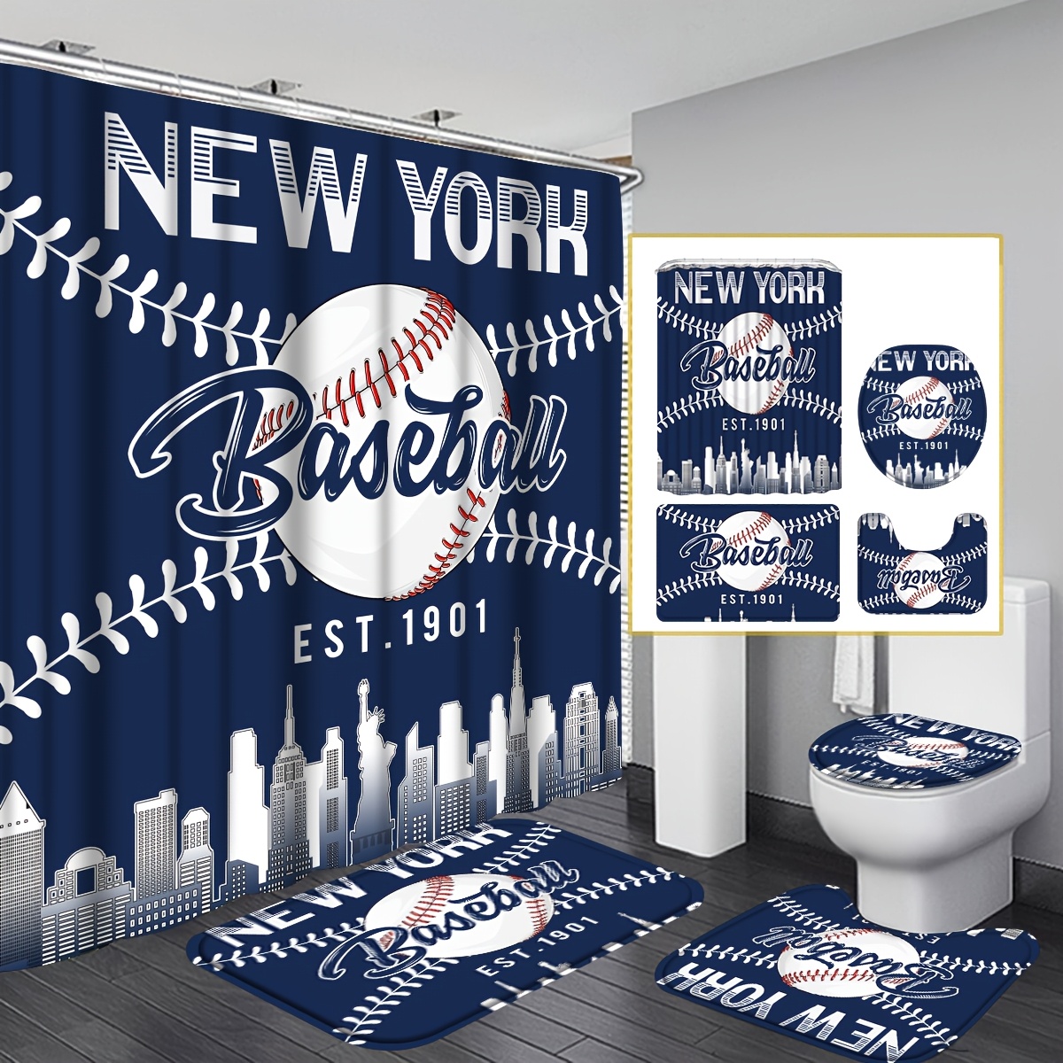 TEMU Complete Bathroom Set Featuring Baseball Team, Including A Shower Curtain, Non-slip, A U-shaped, A Seat Cover, And 12 Hooks. Ideal For Fans And