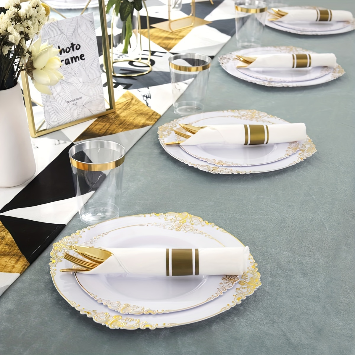 White Golden Plastic Plates Dinner Plates Elegant Wedding Temu