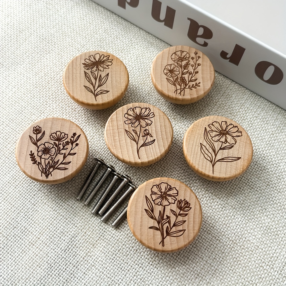 

6pcs Set Of Handcrafted Wood Knobs With Elegant Floral Engravings - Includes Screws, Polished For Dressers & Kitchen Cabinets - Grain, Unique Patterns