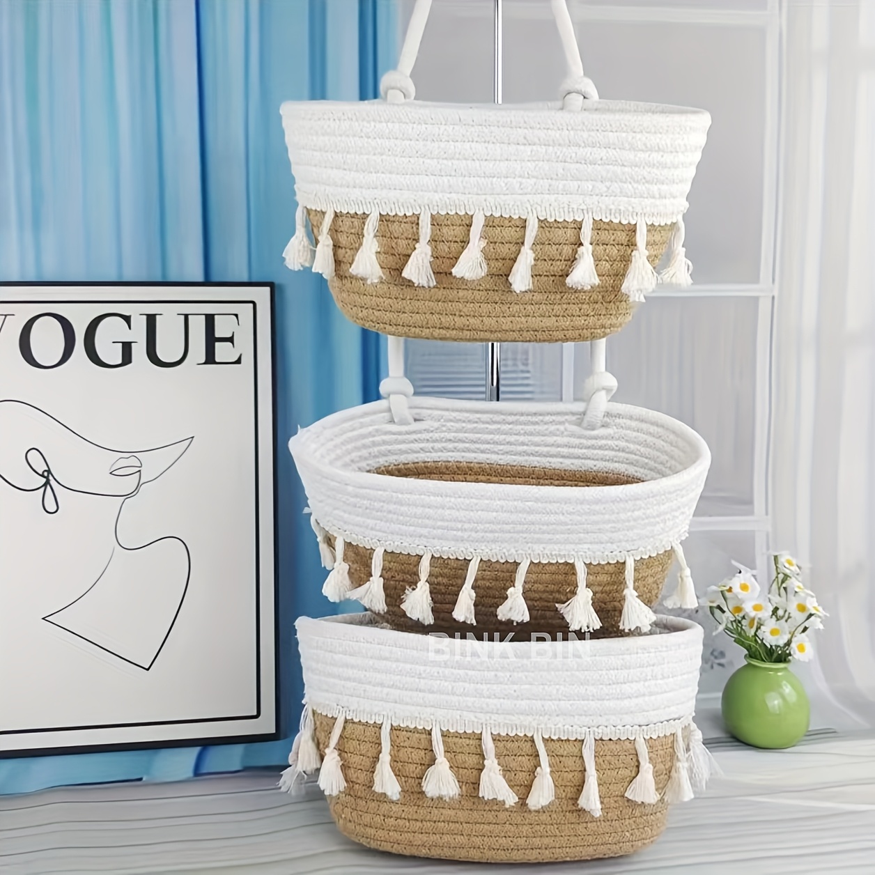 TEMU 3-layer Tassel Storage Hanging Basket Room Bedroom Storage Hand-made Rope Storage Basket Bathroom Accessories, Home Storage Home Decorations