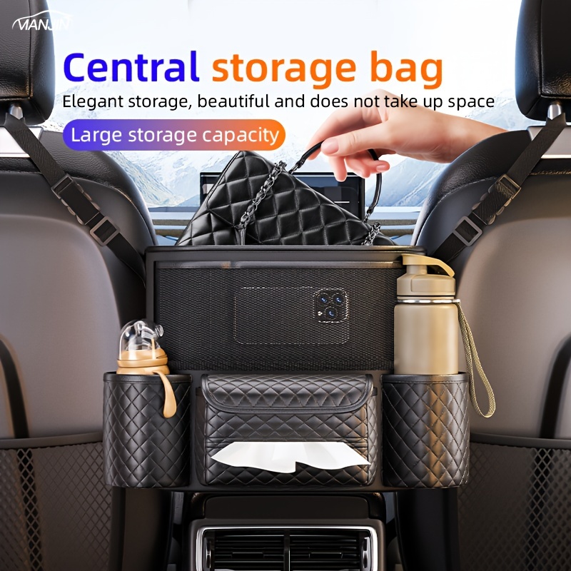 

Pu Leather Car Seat Back Organizer With Tissue Holder - Multi-functional Central Storage Bag For Vehicle Interior With Cup Holders And Hanging Storage Pockets (1-pack)