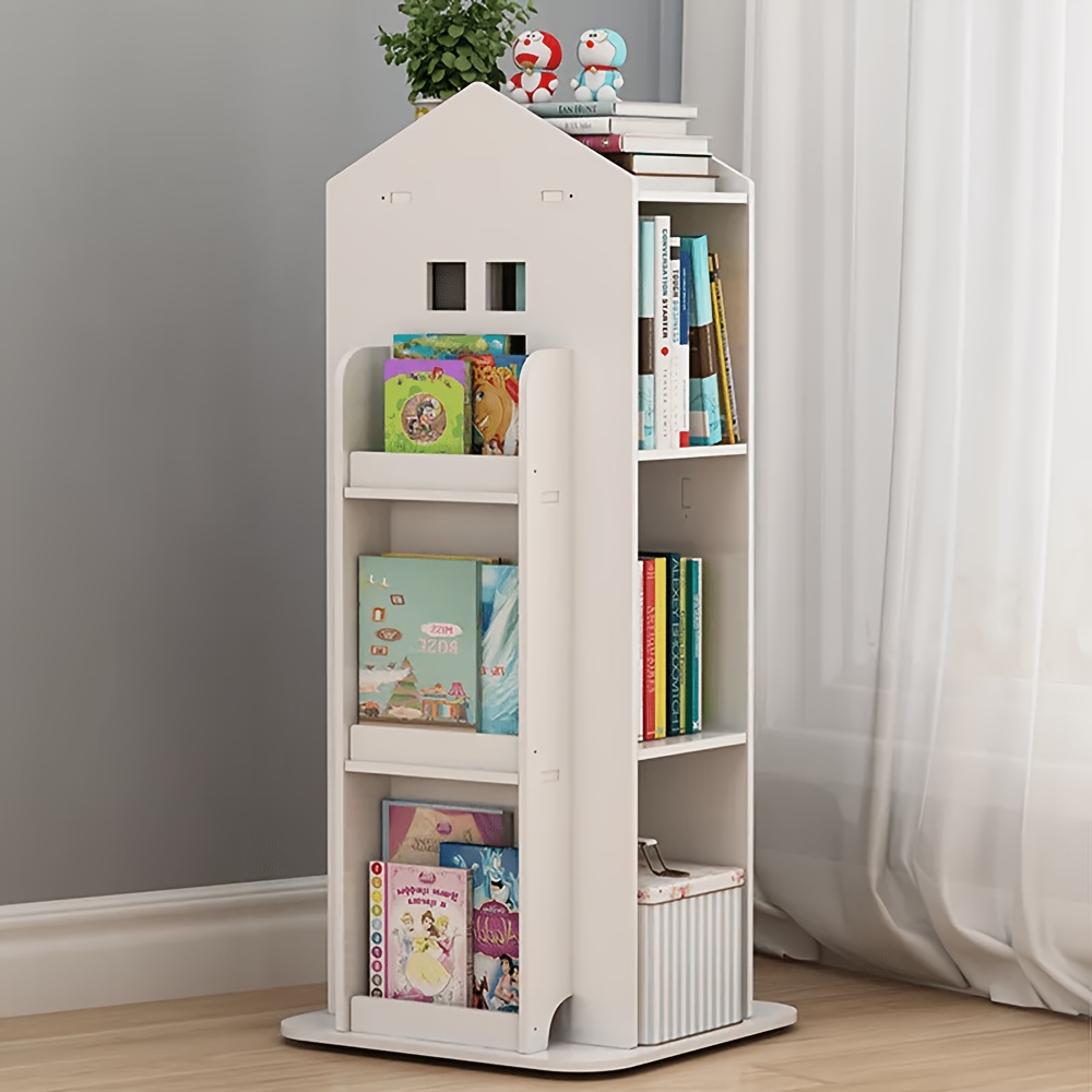 TEMU 360° Freestanding Rotating Bookshelf, 4-tier Rotating Pvc Wooden Storage Display Bookcase, Compact Storage Shelf For Bedroom, Living Room &