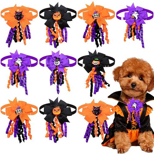 random 5pcs halloween curly ribbon pet bow ties large layered fabric dog collar bow ornaments with pumpkin ghost bat cartoon decor adjustable pet neck additions for small medium puppies cats halloween trick or treat party cosplay costume