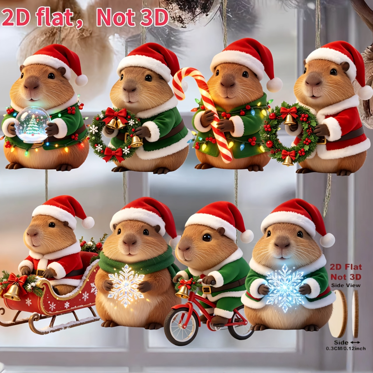 TEMU 2D Platte 8-delige Multi-Capybara Kerstversiering, Klassieke Feestdag Element Geprinte Vormen, Keuze voor Kerst- en Nieuwjaarsdecoratie en