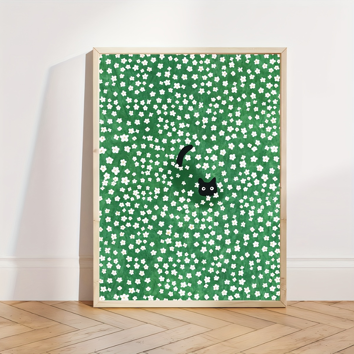 TEMU 2d Flat, 1pc Unframed Abstract Animal & Plant Canvas Art Poster - Black Cat In Daisy Grass, Modern Wall Decor For Living Room, Bedroom, Kitchen,