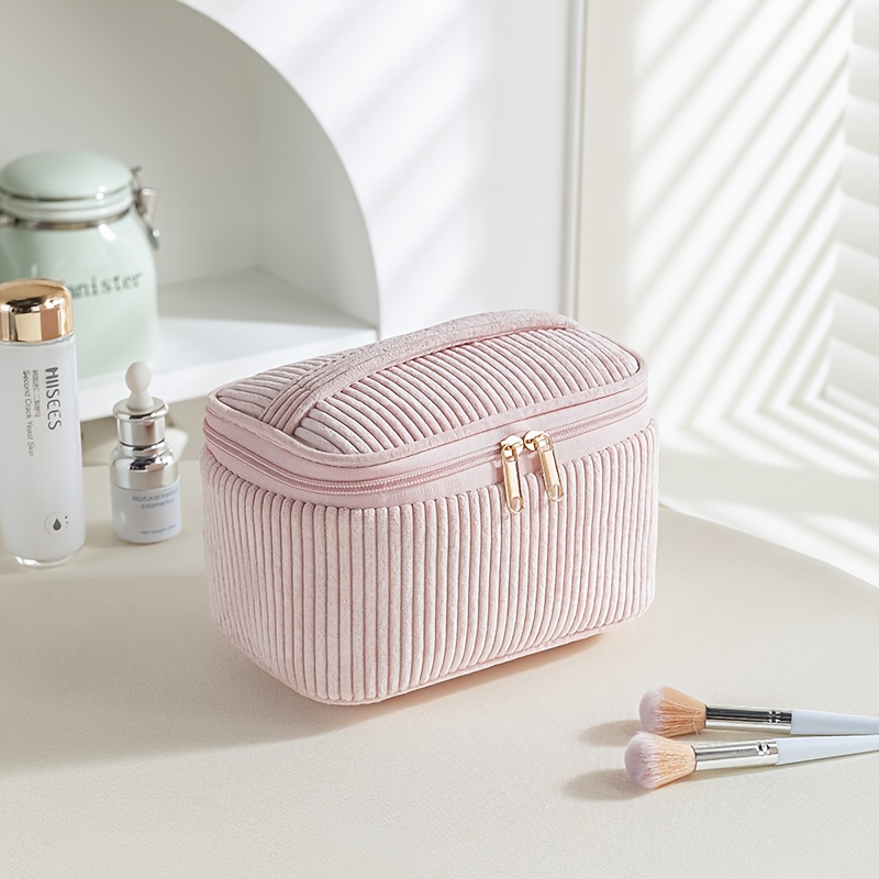 Image of 1 Custom Embroidered Name Corduroy Makeup Bag - Portable Handbag For , Large Capacity Travel Cosmetic Pouch, Lightweight Foldable Design, Durable Zipper Closure, Makeup Travel Bag