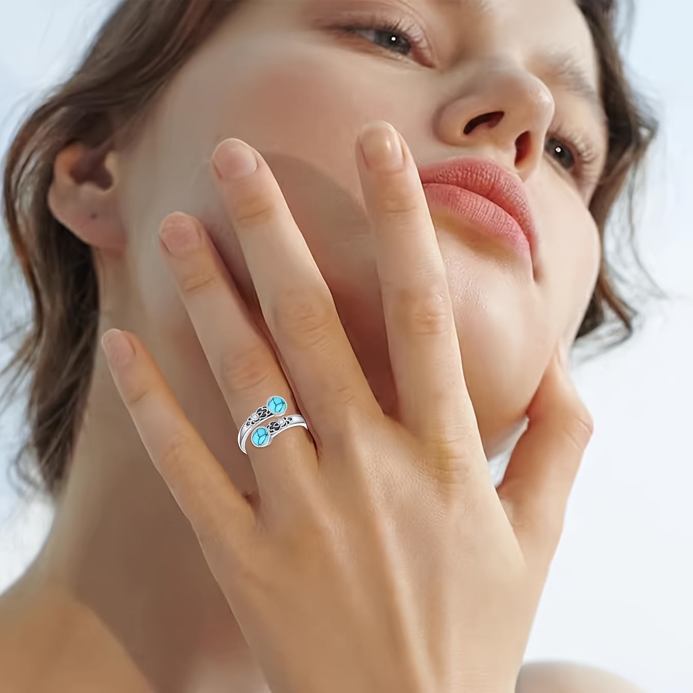 Vintage S925 Silver Pattern Ring with Synthetic Agates - Adjustable Open Ring