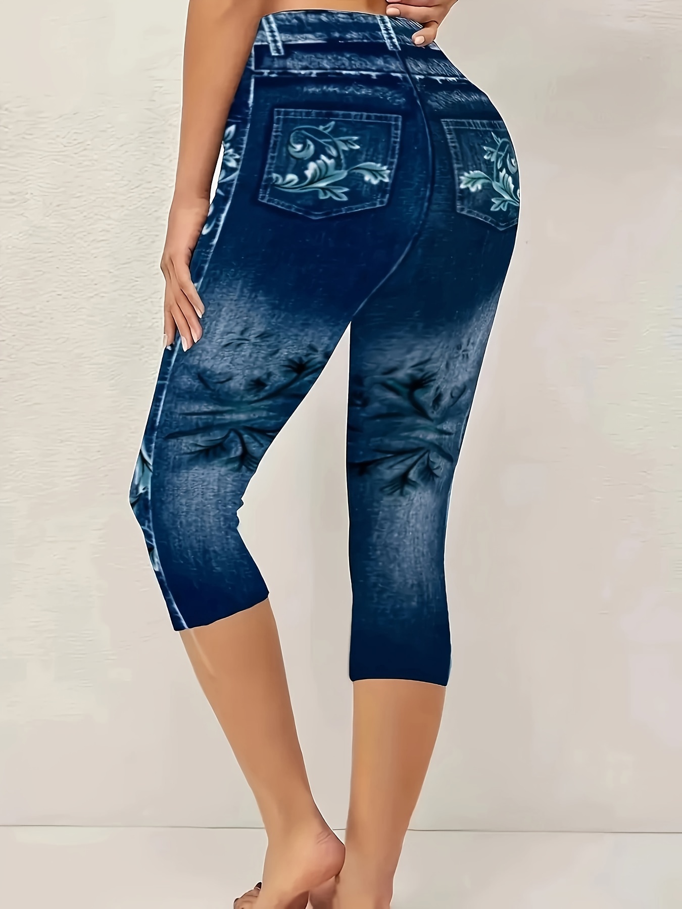 Plus Size Floral Print Capri Leggings, Casual Faux Denim Stretchy Leggings For Spring & Summer, Women's Plus Size Clothing