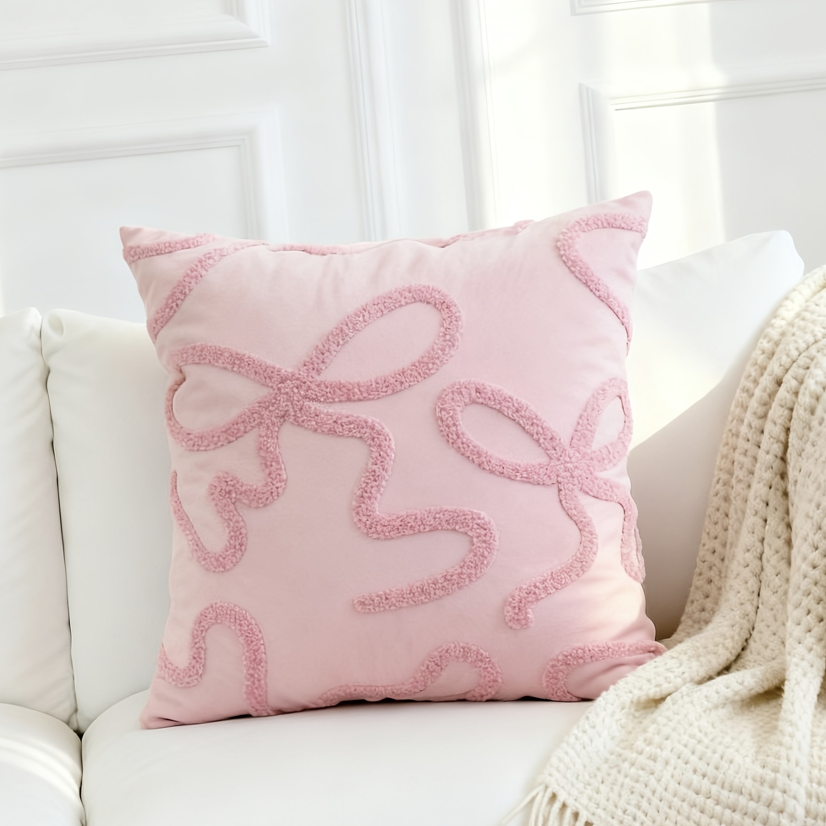 E-shop 1 Stück Kissenbezug mit Schleifen-Stickerei, Niedliche Rosa Schleife mit geometrischer Stickerei, Creme-Stil, Instagram-Ästhetik, Weich Bequem,