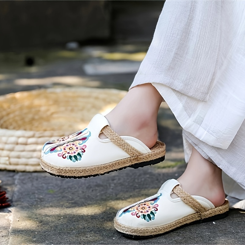 

Women's Ethnic Style Flower Pattern Flat Slides, Casual Slip On Espadrille Shoes, Lightweight Summer Slides