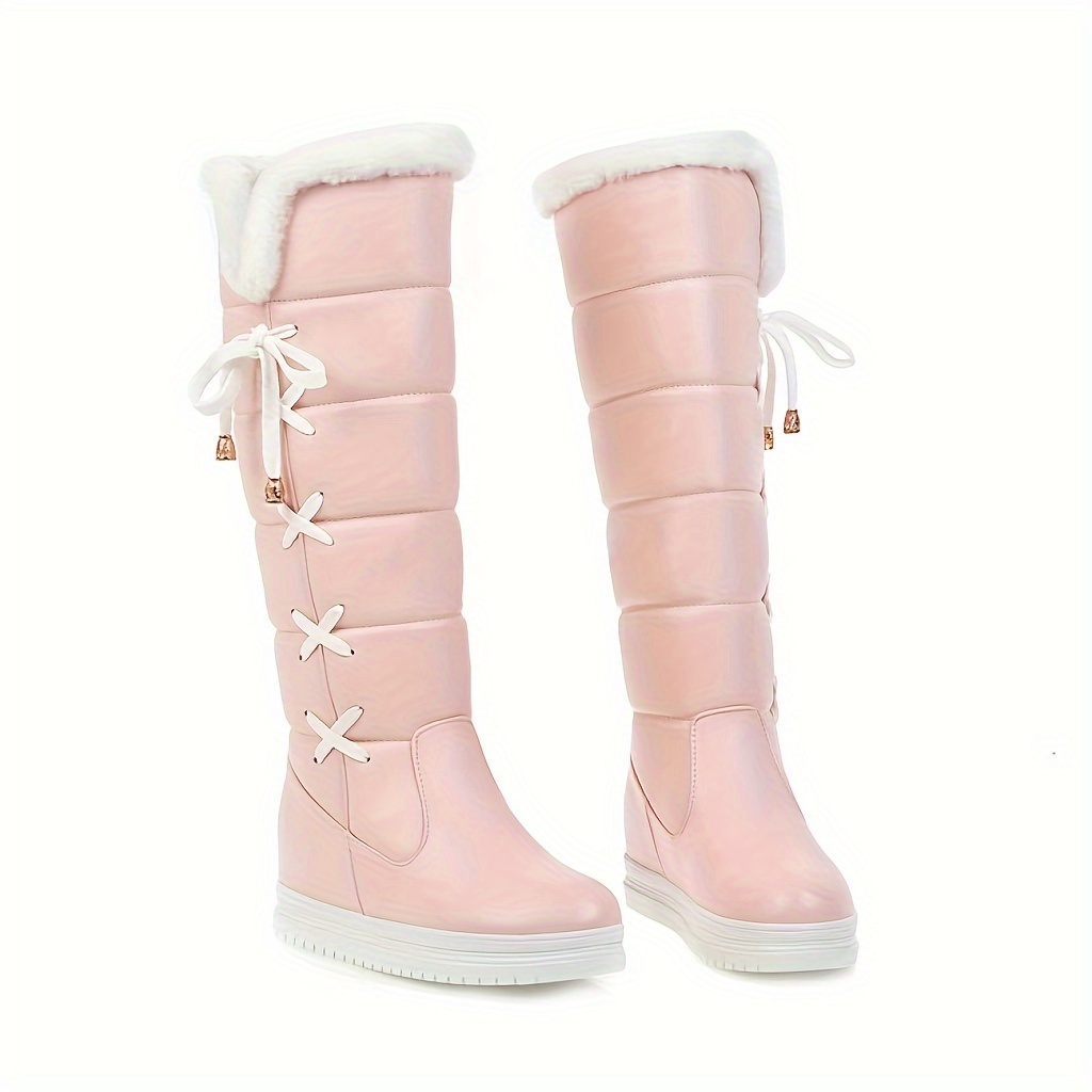 

Winter Warm Knee High Down Snow Women Boots, Waterproof Crisscross-tied Hidden Wedges Platform Boots