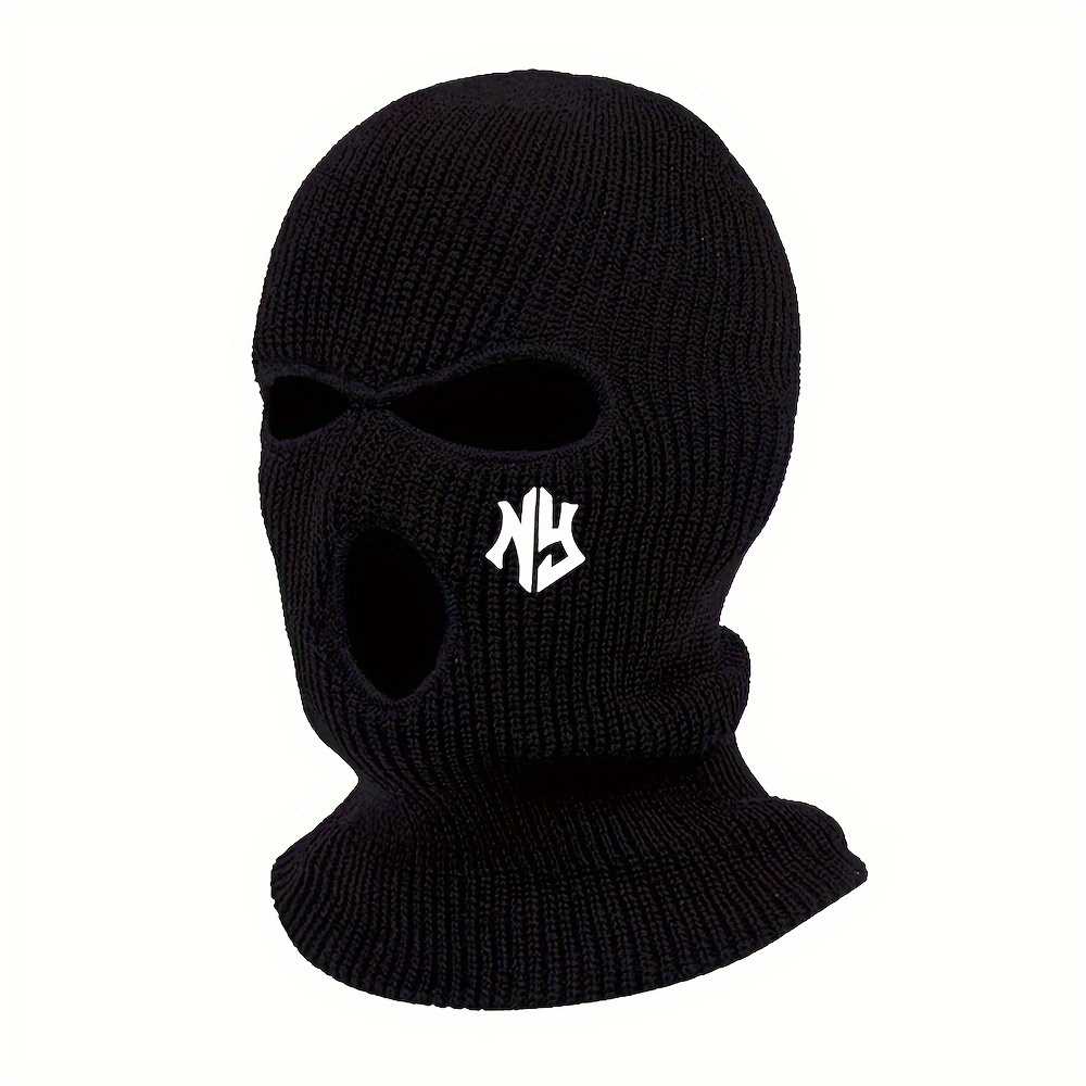 TEMU 3-hole Knit Balaclava With Letter Embroidery - Warm, Windproof Ski Mask For Outdoor Sports