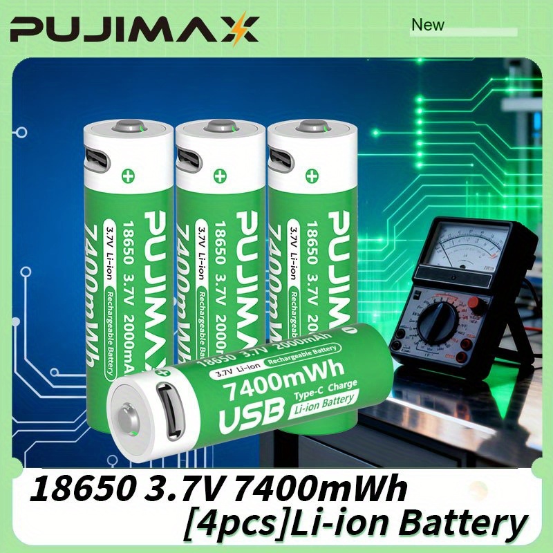Image of [7400mwh 18650 Type C Lithium-ion Battery] 1-4 Pack Pujimax 7400mwh 18650 Rechargeable Lithium Battery 3.7v Flat Top, Suitable For Appliances