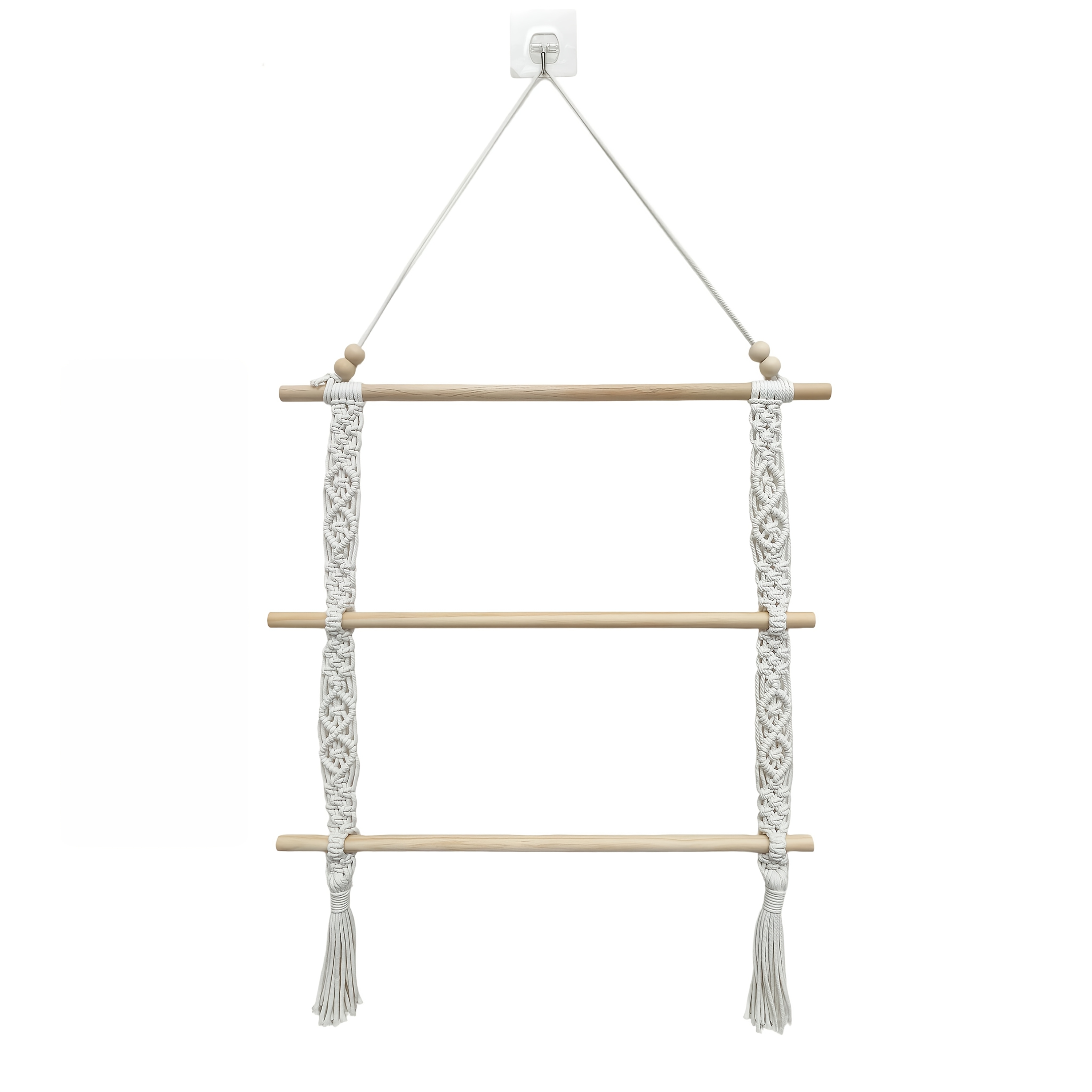Image of Bohemian Macrame Towel Rack For Bathroom - Wall Hanging Towel Holder With 3 Wooden Bars, Handmade Decorative Towel Organizer For Bathroom, Spa, Laundry Room, Towel Racks
