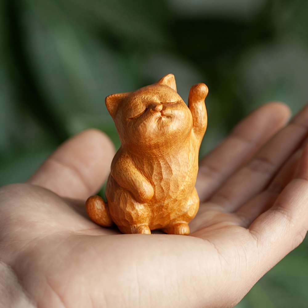 

1pc, Hand-carved Wooden Cat Figurine, Cute Cartoon Lucky Cat, Home Decor Ornament, Wooden Craft, Arrogant Cat Design, Gift Idea