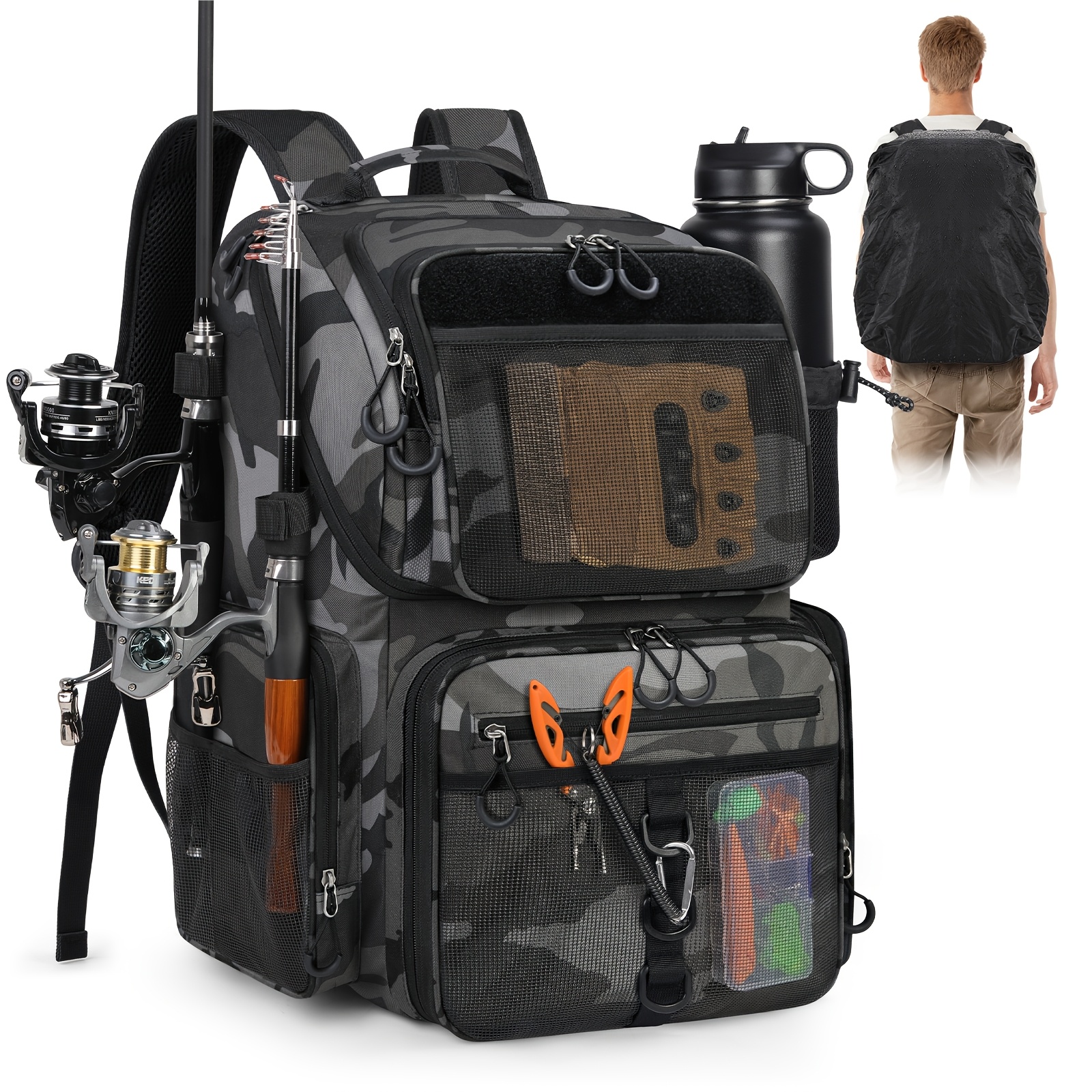 Image of Rainsmore 45l Fishing Backpack With Rod Holder, Large Tackle Bag, Storage Fishing Gear