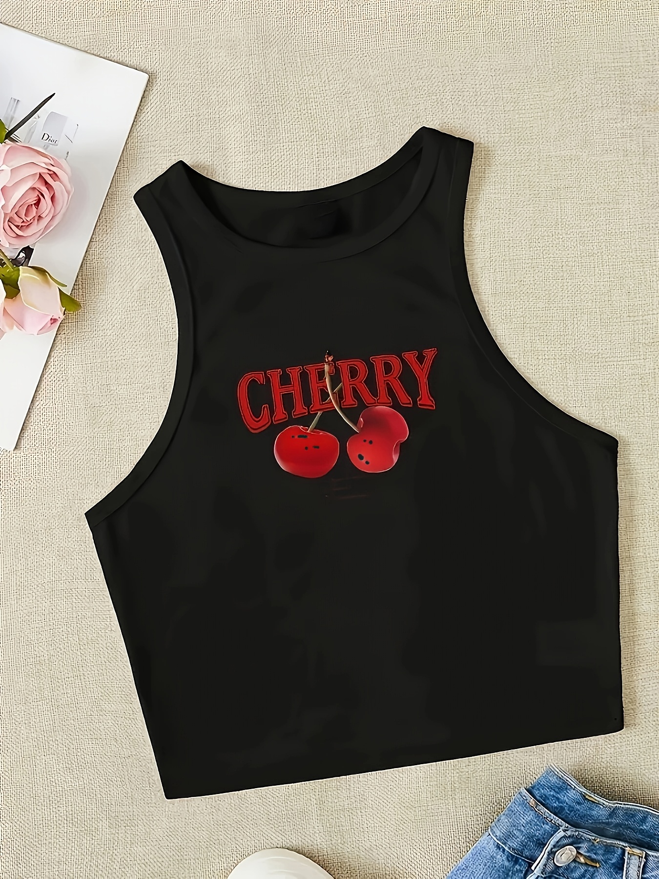 vibrant cherry print crew neck tank top sleeveless crop top - Temu