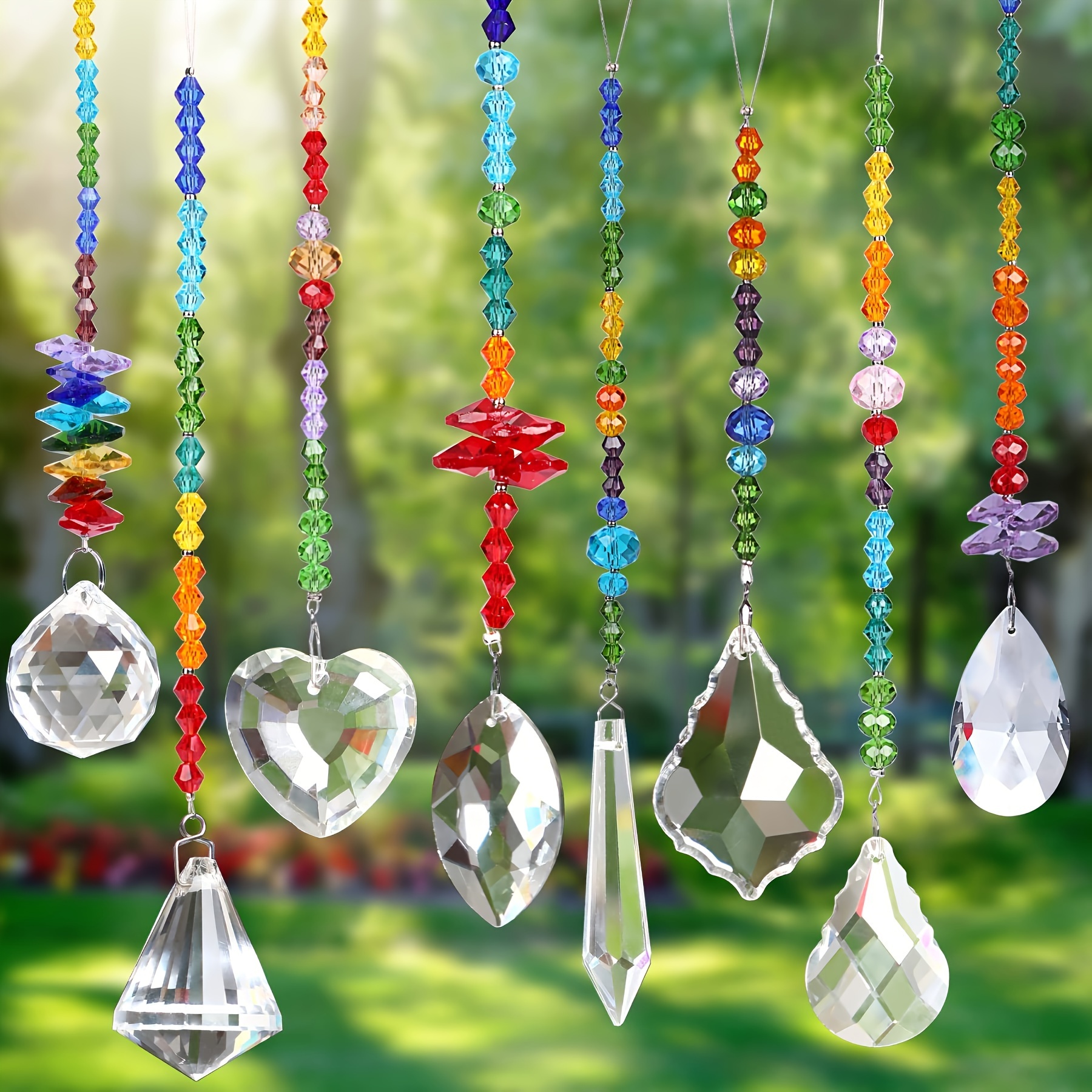 

8pcs Vibrant Crystal Set - Rainbow Prism & Chakra Pendants With Bead Chains, Glass Material - Ideal For Home & Garden Decoration, Weddings, And