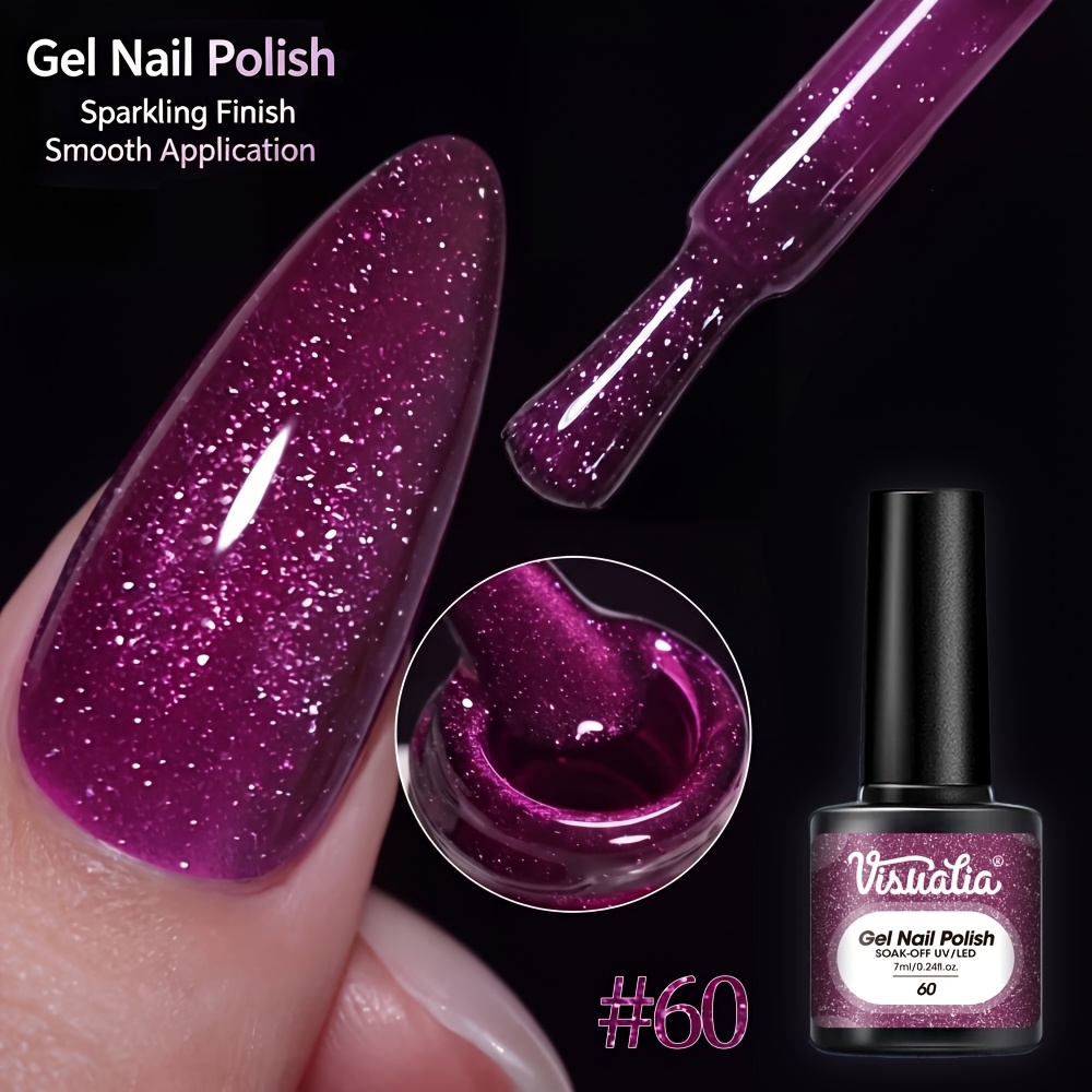 Image of #60 Purple -the-dark Nail Polish 7ml, -led Soak-off Gel. Grape Purple Base Silvery Glitter, Gorgeous And On Fingertips, Glitter Distribution. High Gloss End After Curing