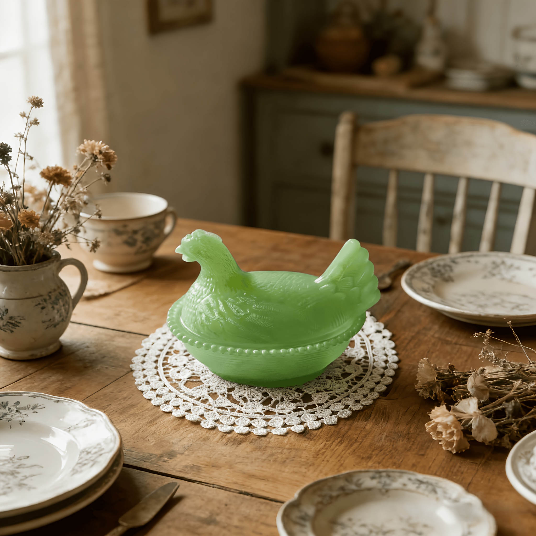 TEMU Vintage Emerald Glass Chicken-shaped Nest Candy Dish With Placemat- Storage Jar With Decorative Handmade Hen Lid, Suitable For Kitchen And Home