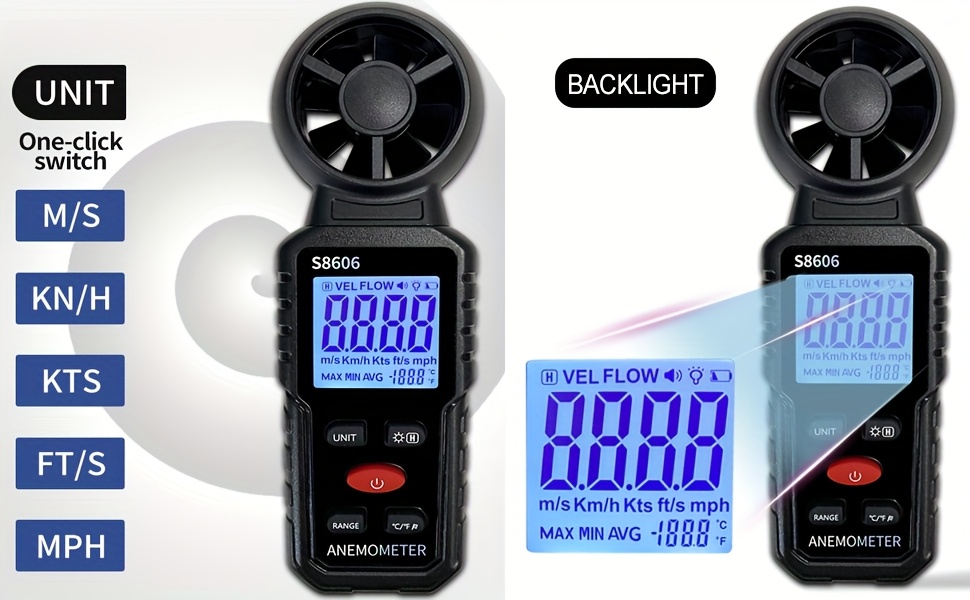 Anemómetro digital portátil para medir velocidad del viento, temperatura y nivel, sin batería