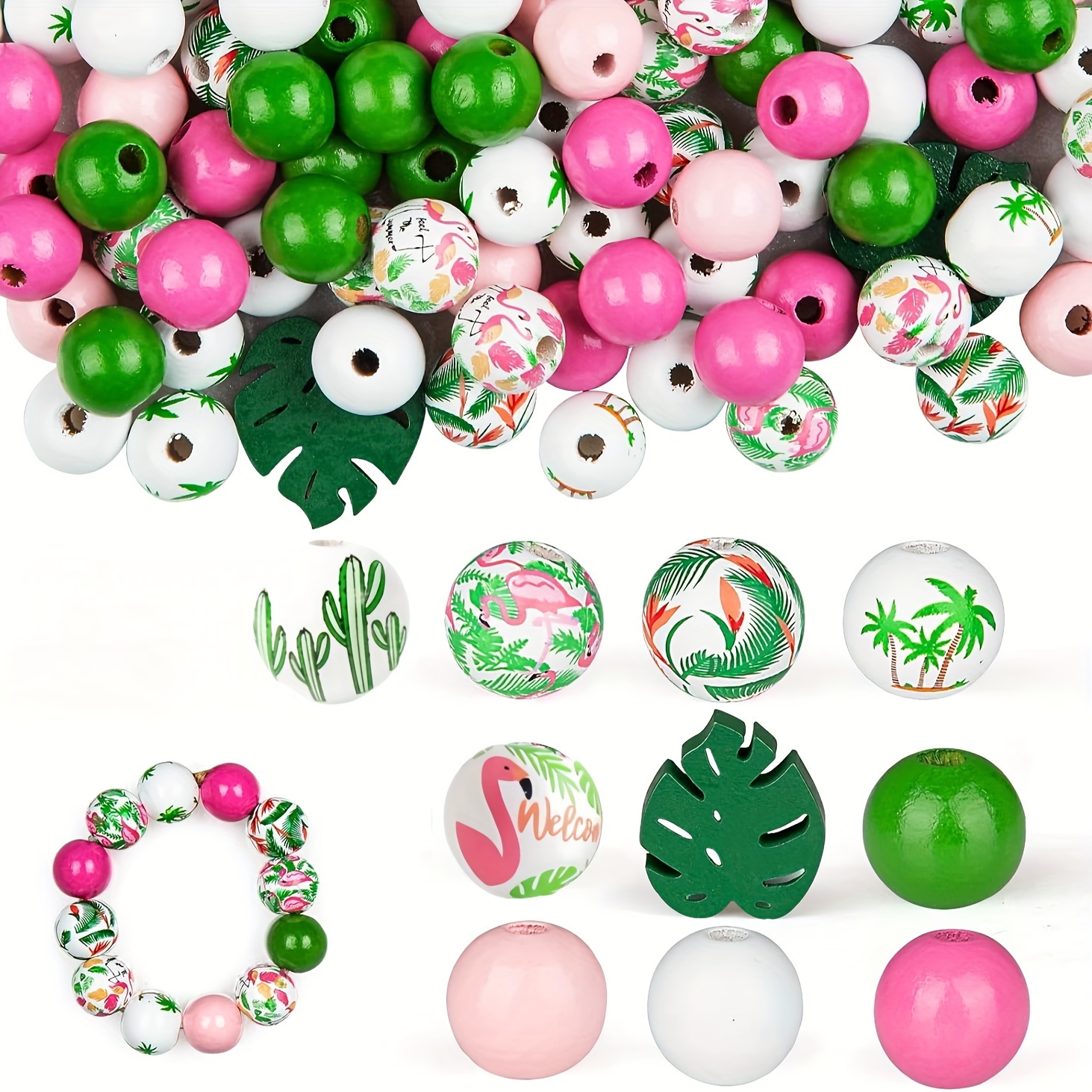 

52-piece Tropical Flamingo & Cactus Themed Wooden Beads Set, 16mm - Colorful Diy Jewelry Making Kit For Keychains, Pens, And Home Decor Crafts