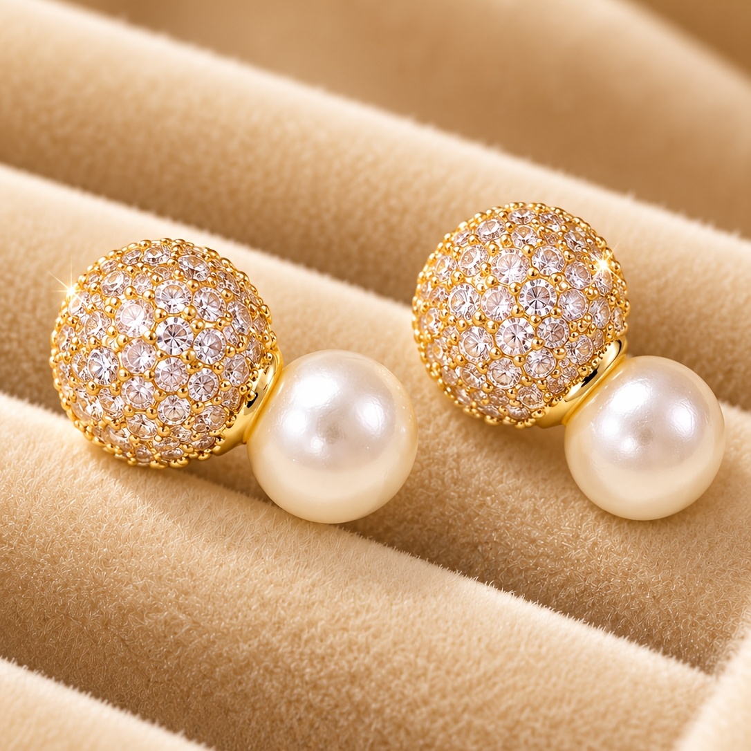 2pcs Gold-Plated Round Stud Earrings with Cubic Zirconia