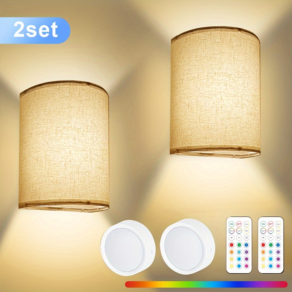 1 2  indoor wall lights wall lamps sconces with 3500mah battery 16 rgb colors 3 white light temperatures dimmable timer 2 remote controls traditional linen fabric shade   bedroom living room hallway lighting