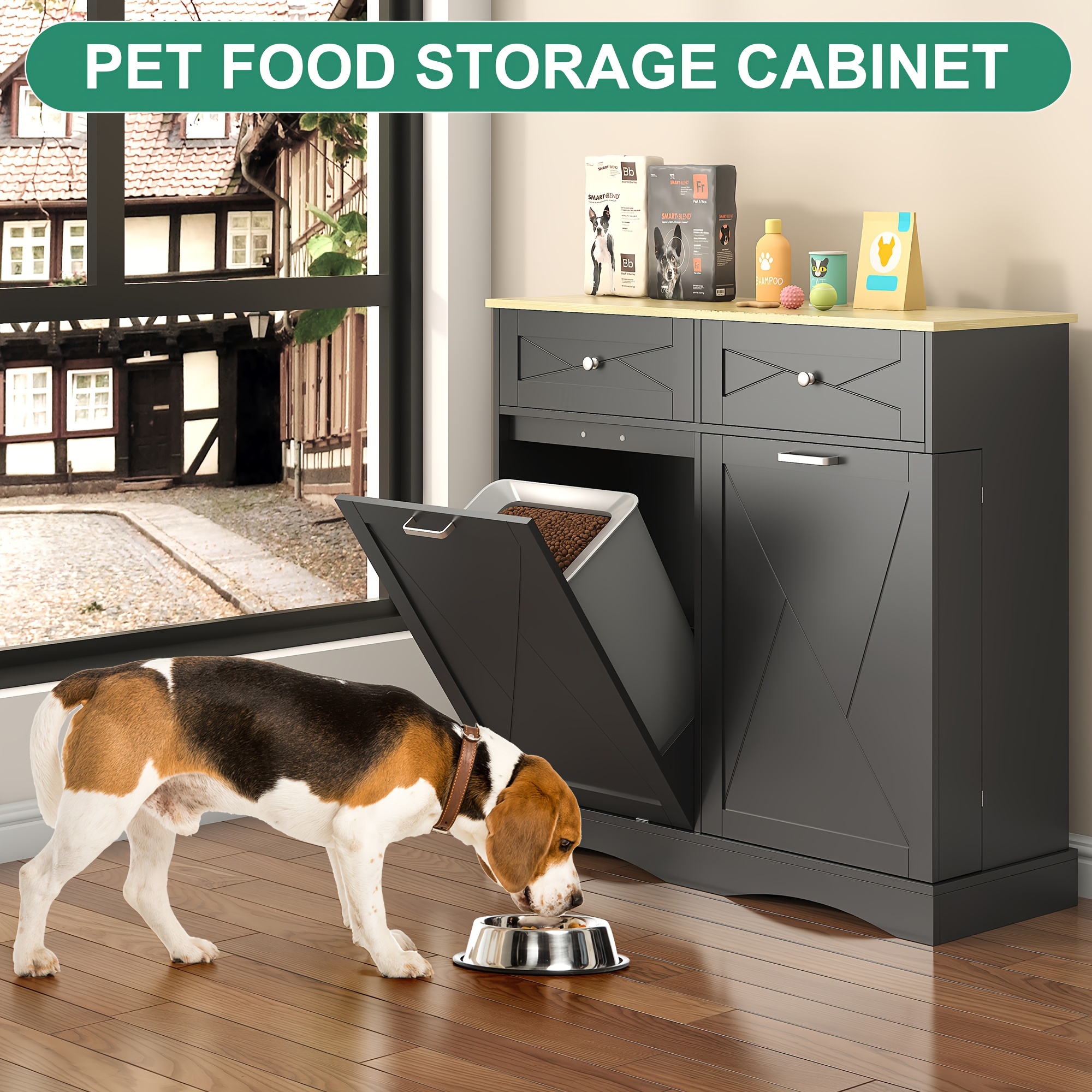 Wood Kitchen Pantry Island with Tilt-Out Trash Cabinet & Laundry Hamper - Adjustable Shelf Suitable for for, Suitable for Small Spaces, Hidden with Drawers, Tilt-Out Basket System, Space-Saving