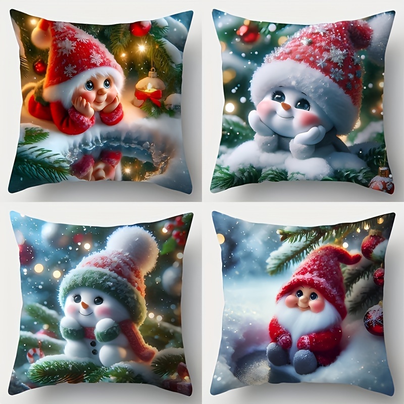 

4pcs Christmas Pillowcase, Christmas Snowman Pattern, Washable, 18x18 - Suitable For , Car, Bedroom, Sofa, , - Not Included