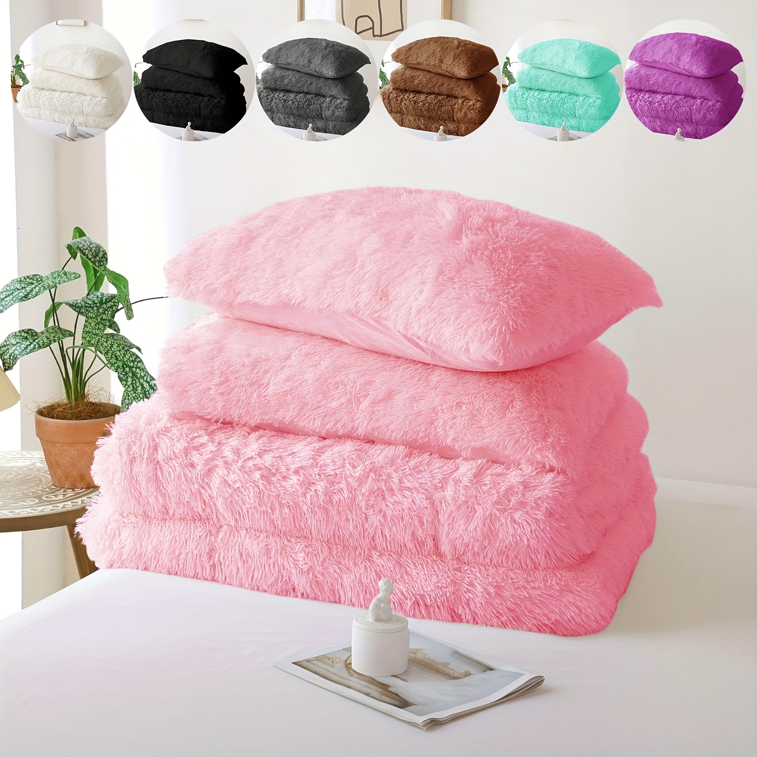 Fluffy Fuzzy Plush Comforter Set, 2/3pcs Winter Faux Fur Warm Soft Fuzzy Plush Bedding Comforter Set