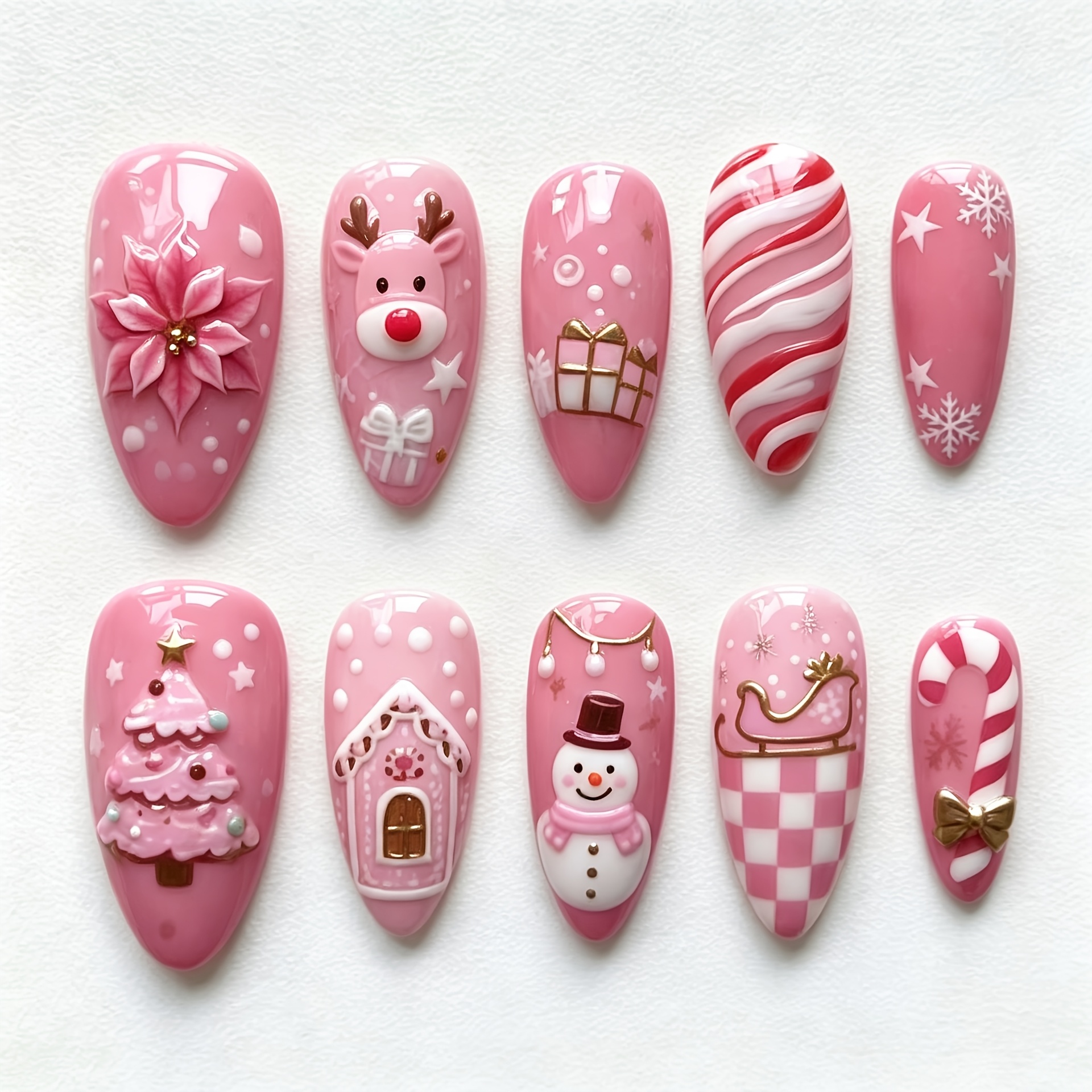TEMU 30pcs Christmas Short Almond Press-on Nails In Sweet Pink With Cute Christmas Tree, Snowman, And Flower Designs, Shiny Full-cover Removable Fake