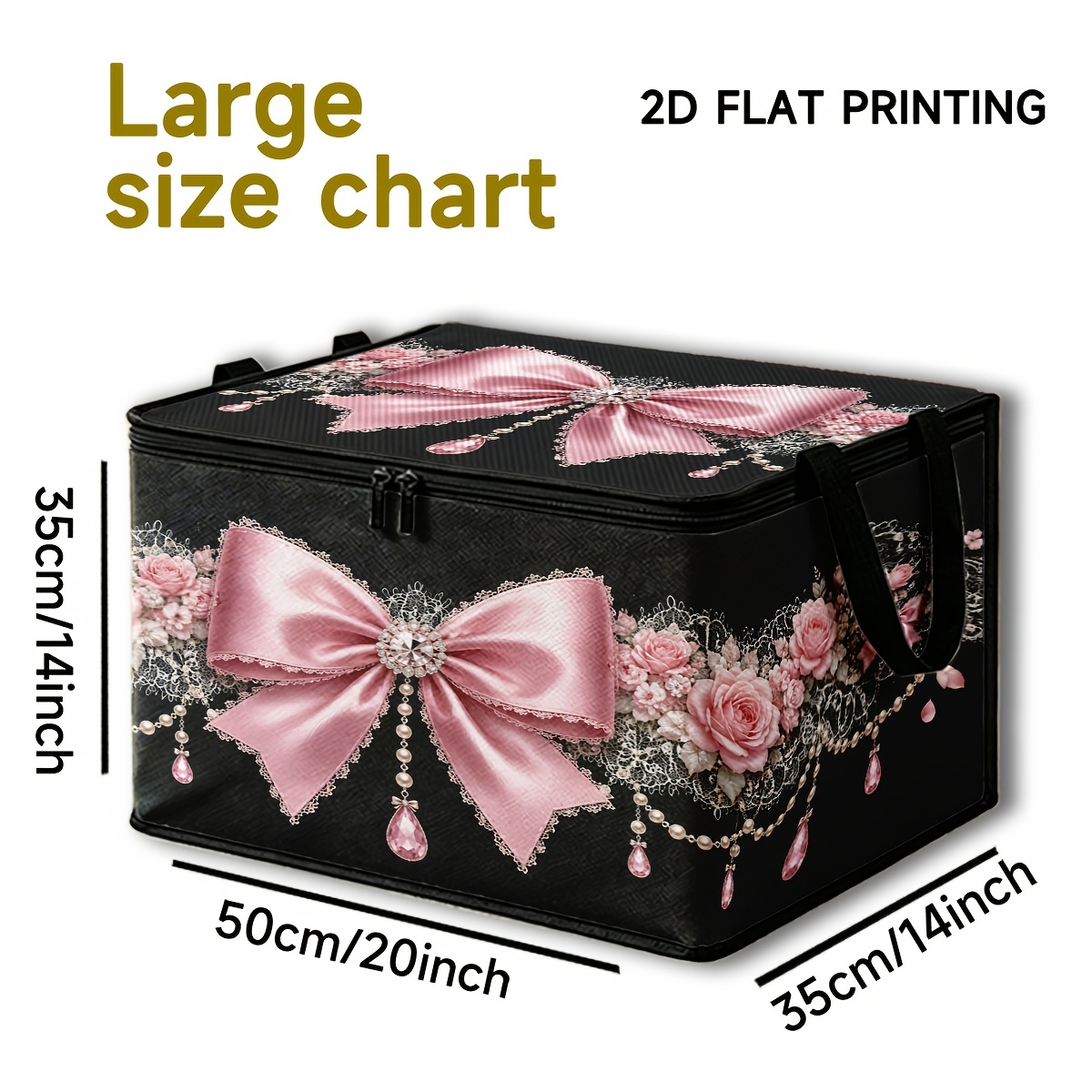 TEMU Boîte de rangement 1 pièce grande capacité avec imprimé nœud rose, et perle, style princesse avec couvercle, -poussière à double fermeture