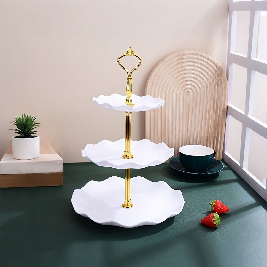 Image of 3-tier European Plastic Cake Stand With Accents - Holds Cupcakes, Donuts, Fruits & - & For Indoor/outdoor Parties, Weddings, - Easy Assembly, Sturdy Lightweight Decorative Centerpiece, Consumable Cake