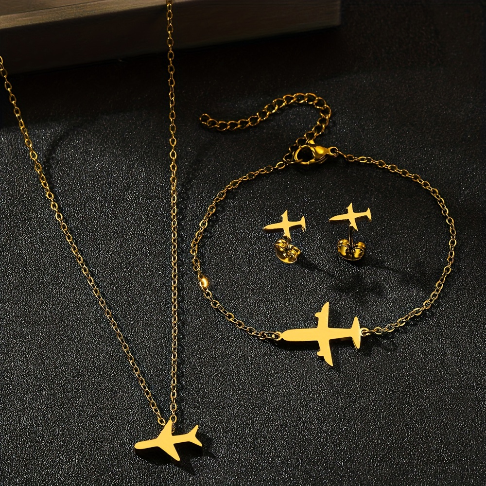 vintage cute airplane jewelry set for women 4 piece stainless steel 18k golden plated pendant chain bracelet necklace earrings fashionable gift ready ensemble for her ideal for birthday valentines day music festivals details 2