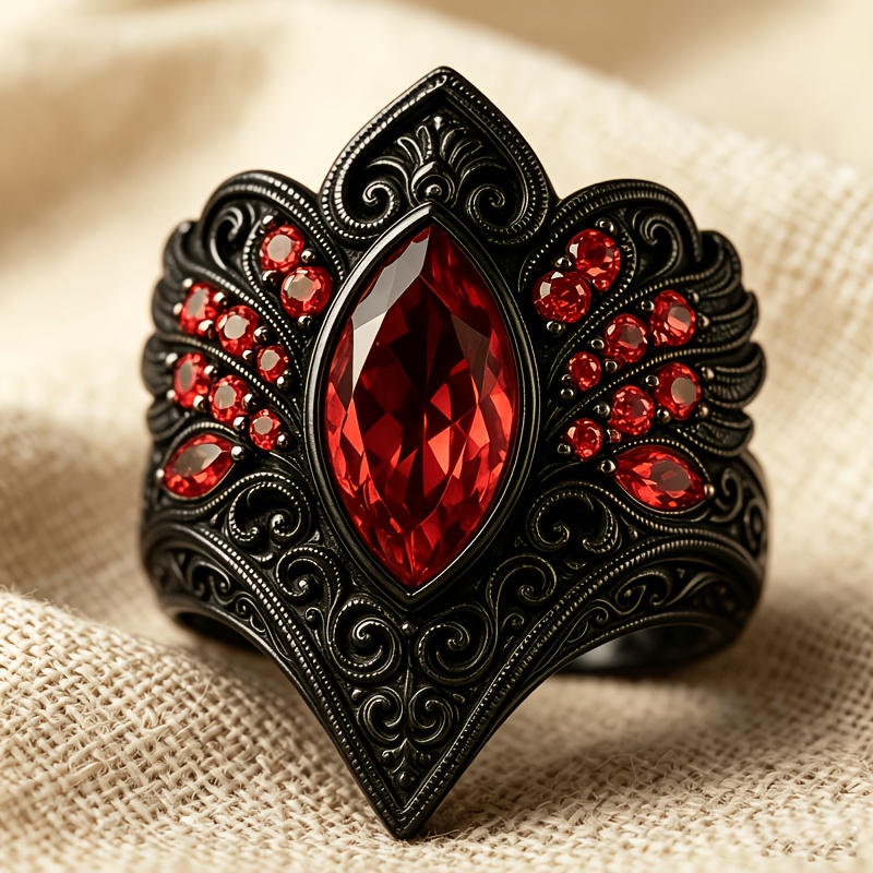 TEMU Vintage-style Crown-shaped Ring, Gunmetal Ring, Copper Inlay With Red Synthetic Zirconia, Suitable For Daily Wear, Casual, Party Occasions,