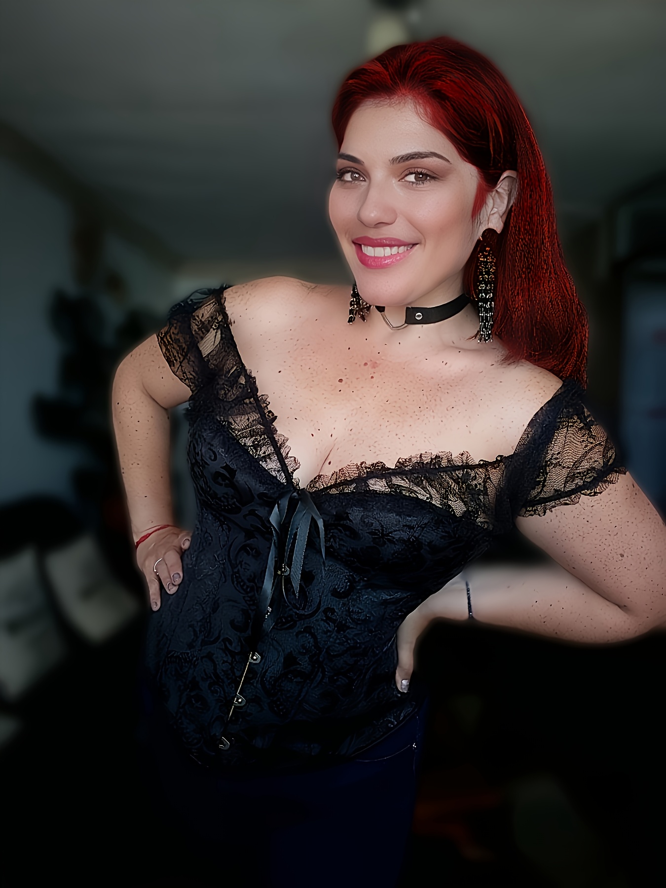 Gothic Style Black Lace Corset Top with Red Hair - Women'S V-Neck Bodycon Dress, Floral Pattern, Non-Stretch Fabric, X-Back Design, Perfect for Adult Costume Parties & Themed Events, Themed Event Attire | Gothic Fashion | Intricate Lace Detailing
